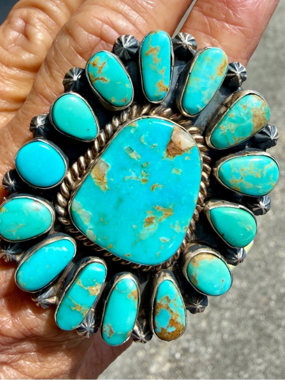 Genuine Turquoise/Sterling Silver Cluster Ring, Artist Stamped, Adjustable